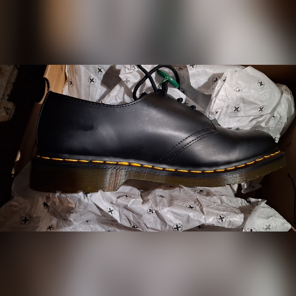 Dr. Martens Black Leather Oxfords with Yellow Stitching